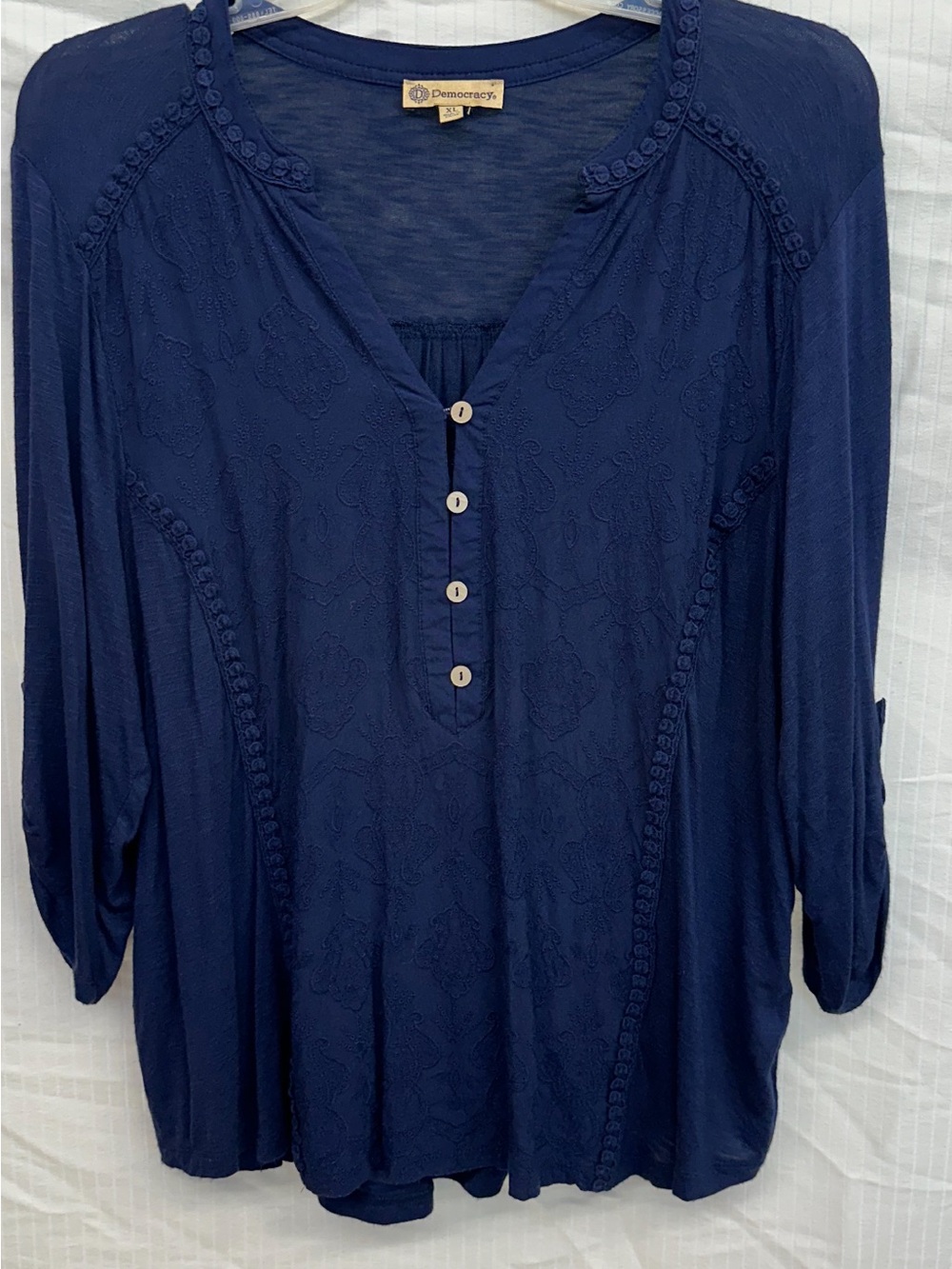 Democracy Navy Embroidered Button-Front Tunic